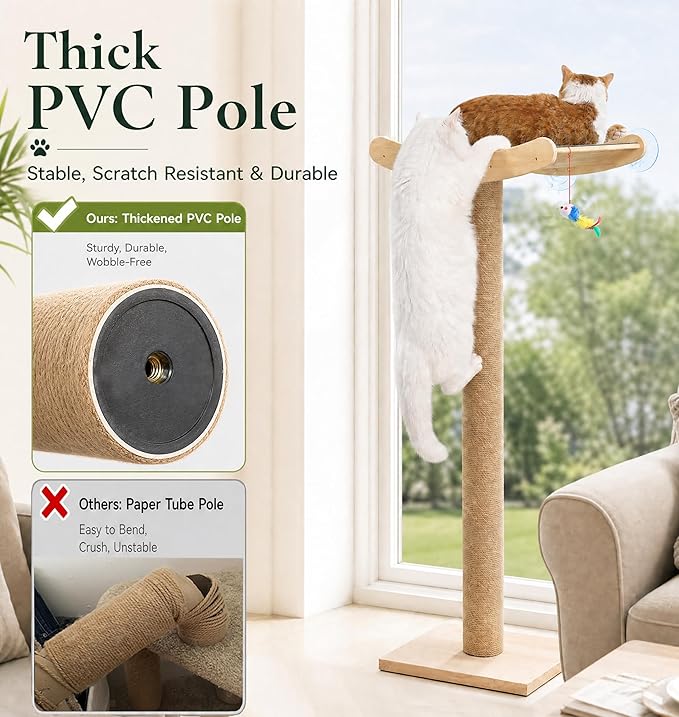 Window Cat Perch with Scratching Posts, 46" Wood Tree Bed for Maine Coon Big Cats Perching and Lounging, Mounted with 3 Strong Suction Cups (Wood Platform)