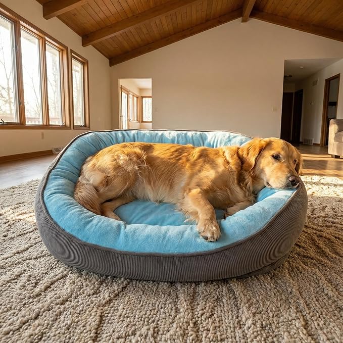 Calming Dog Bed for Medium to Large Dogs 30"x20" - Orthopedic Washable Pet Bed with Anti-Slip Bottom, Indoor Soft Cat Bed with Removable Cover (Sky Blue)