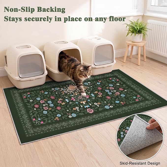 Bienbee Cat Litter Mat, 2PCS Jumbo Size 48"x36" Machine Washable Litters Box Mats Non-Slip &Waterproof Cat Litters Trapping Mats Easy to Clean Mat for Litter Box Protects Floors Dark Green XL