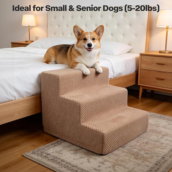 3 Step Dog Stairs for Small Dogs Cats, Brown Mesh Pet Steps, Non-Slip Pet Stairs for Couch Sofa Bed, Indoor Portable Dog Ramp with Zipper Bottom for Medium Large Dogs and Puppy