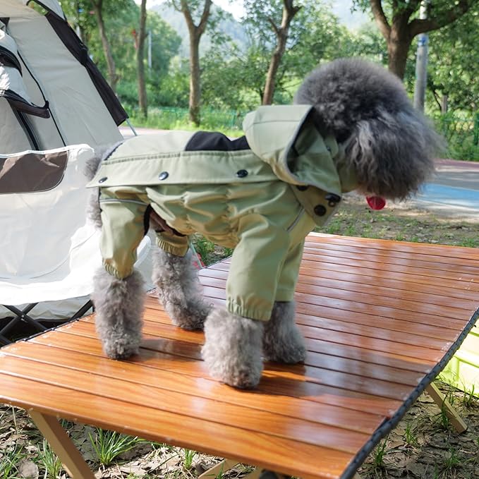 LOVELONGLONG Fleece-Lined Dog Raincoat with Removable Hood – Waterproof Winter Full Body Dog Jacket – Windproof Snowproof Cold-Weather Suit – Green-F S+