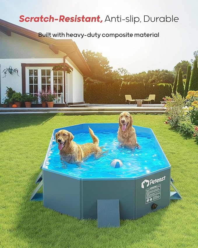 Peteast Foldable Dog Pool with Sturdy Square Design, Durable 71" Lx39 Wx12 D Extra Large Portable Pet Bathtub with Reinforced Sidewalls for Stability, Ideal for Indoor & Outdoor Use (Blue&Dark Gray)