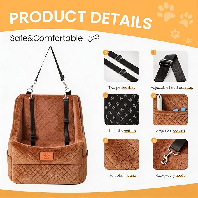 Dog Booster Car Seat for Small to Medium Dogs Up to 35 lbs, Elevated Pet Car Seat with 2 Safety Belts, Detachable Washable Cover, Non-Slip Stable Base, Front/Back Seat Travel Booster