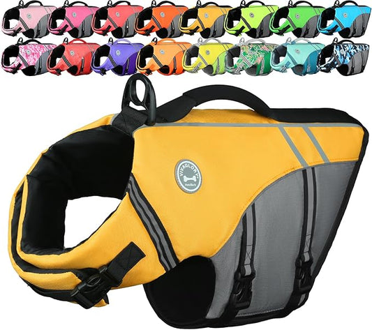 VIVAGLORY Sports Style Dog Life Vest, Dog Life Jacket for Swimming & Boating, Ripstop & Buoyancy for Puppy Doggy, Lifejacket with Handle, XL, Yellow