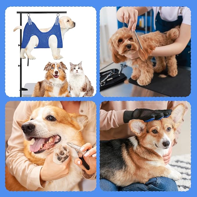 13 Pcs Adjustable Dog Grooming Arm with Clamps, Adjustable Height 27"-37", Pet Grooming Stand with Hammock and No-sit Haunch Holders, Ideal Set for Small & Medium Dogs at Home or Salons
