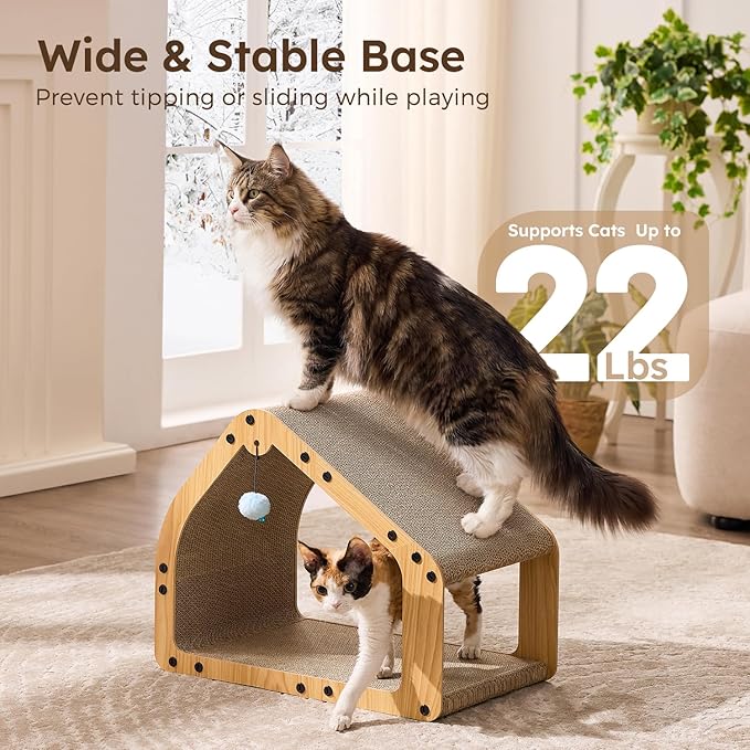 ZOMISIA 20'' Cardboard Cat Scratcher House - Large Cat Scratching Board with Balls, Cat Lounger as Tunnel for Indoor Cats and Kittens, Safe & Secure, Brown