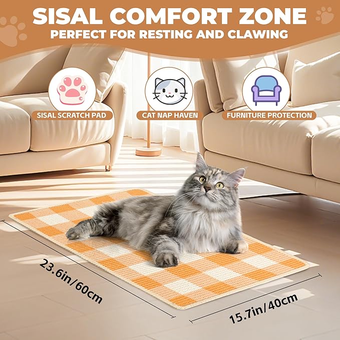Cat Scratcher Mat, Natural Sisal Cat Scratch Pad, 23.6x15.7 Inch Horizontal Cat Floor Scratching Pads Rug with Hook & Loop to Protect Couch & Carpets & Sofas（Orange White）