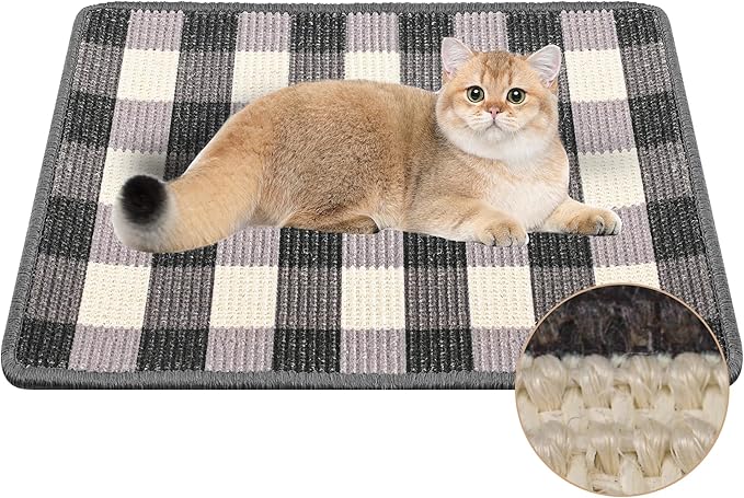 Cat Scratcher Mat, Natural Sisal Cat Scratch Pad, 23.6x15.7 Inch Horizontal Cat Floor Scratching Pads Rug with Hook & Loop（Black White）