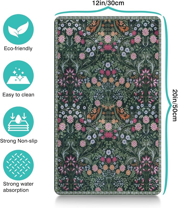 Floral Dog Food & Water Mat, Boho Vintage Pet Feeding Mat for Floor Non-Slip Waterproof, Super Absorbent Cat Bowl Mat, Easy to Clean Durable Pet Placemat,12" × 20"