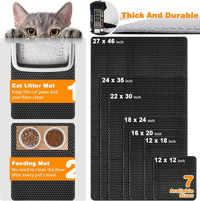 Waterproof Cat Litter Mat, Double Layer EVA, Odor-Free Large Grid, Urine Proof, Easy Cleanup (Black, 24 x 35)