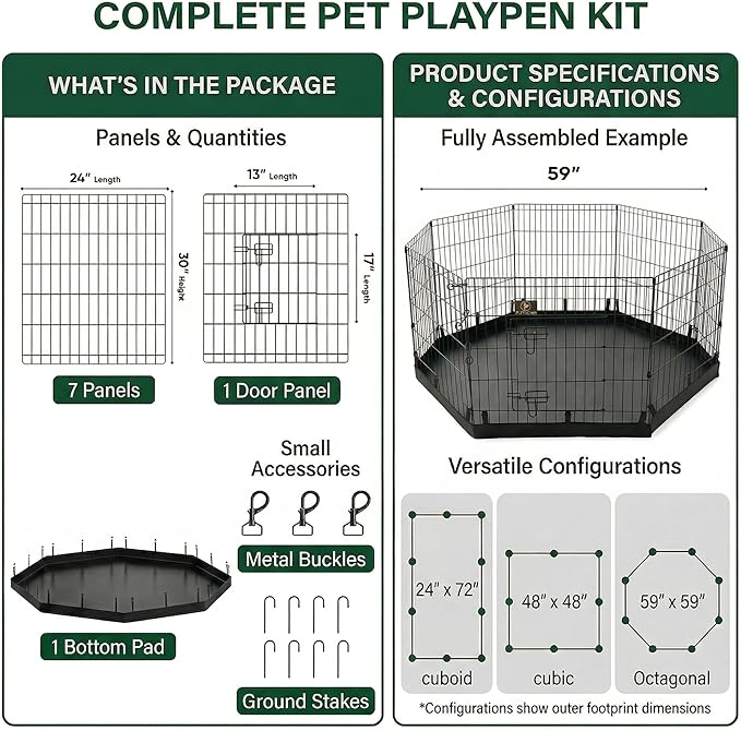 PJYuCien Octagonal Dog Playpen with Bottom Pad - Metal Foldable Exercise Pen, 8 Panels 30" H x 24" W Indoor Outdoor Pet Fence Puppy Crate Kennel, Black
