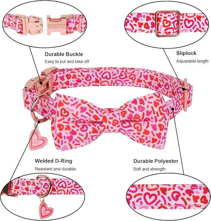 ADOGGYGO Valentine Dog Collar with Bow, Metal Buckle, Adjustable Pink Heart Bowtie Pet Valentine Collars for Small Dogs (Small)