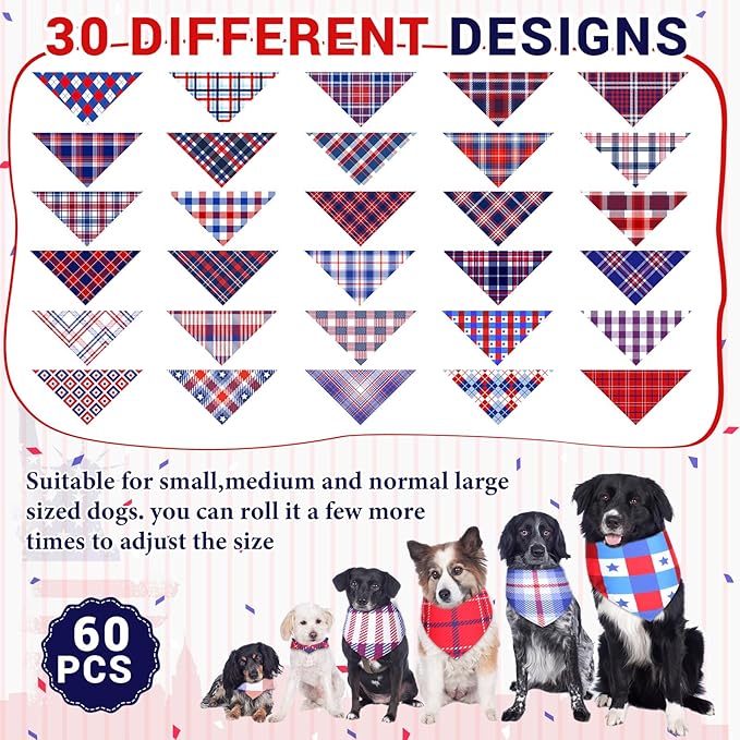 Geyoga 60 Pcs 4th of July Patriotic Dog Bandanas Bulk Plaid Dog Bandanas Bulk Pet Grooming Supplies Patriotic Pet Triangle Scarf Bibs Adjustable Washable Kerchief for Dogs Cats Costume