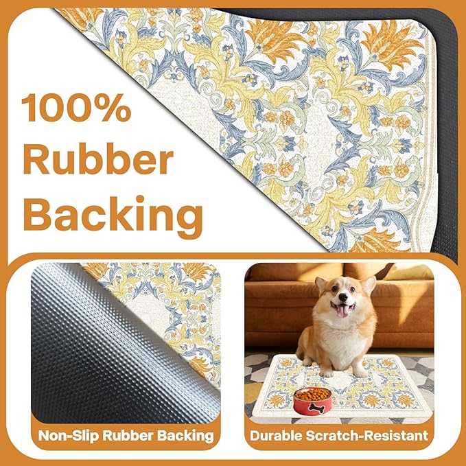 Pet Dog Cat Food Mat, Absorbent Dog Bowl Mats for Food and Water, Non Slip Boho Dogs Cat Placemats Feeding Mat for Floors Indoor Puppy Pet Accessories Supplies 17 * 30 inch, Khaki
