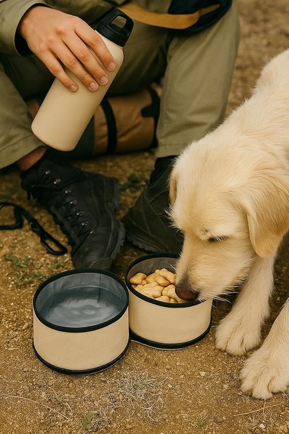 OllyDog Superbowl | Collapsible Dog Travel Bowl | 2-Compartment Food & Water | Foldable Portable Dog Dish | Hiking Camping Backpacking | Small Medium Large Dogs (Con Leche)