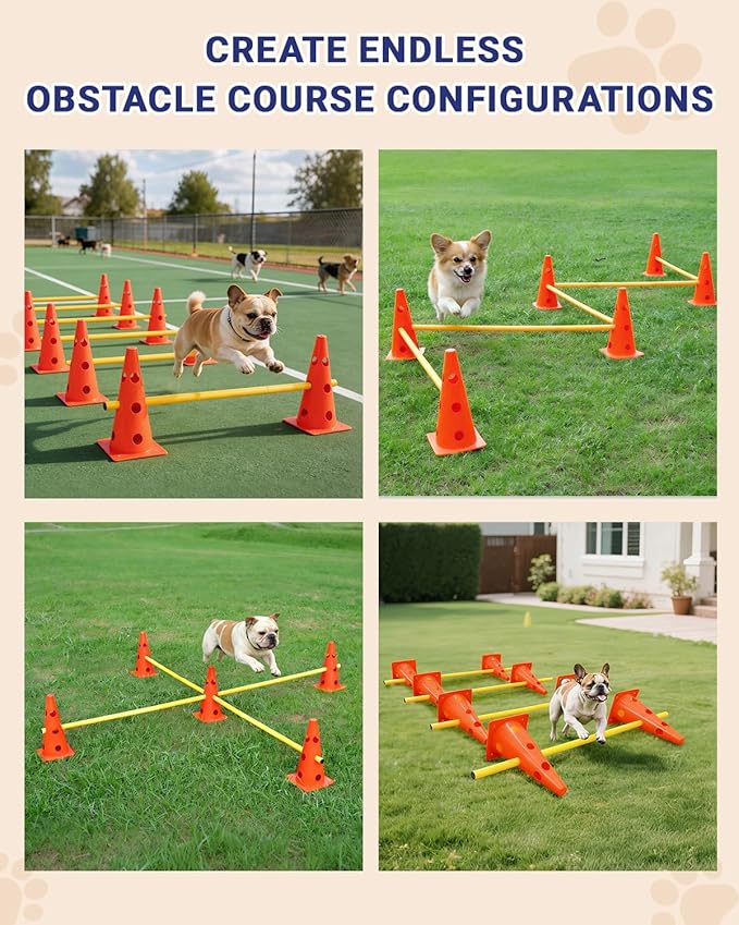 Dog Agility Course Backyard Set, Dog Agility Hurdle Cone Set with Height Adjustable Crossbar for Rehabilitation & Beginners, Dog Agility Equipment for Dog Obstacle Course - 12 Inch Orange
