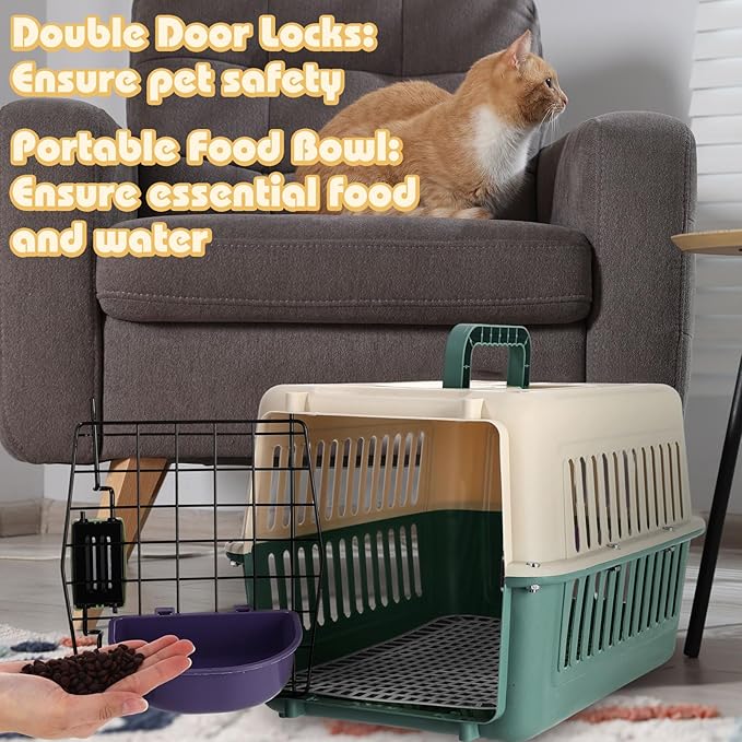 2 Set Hard Plastic Pet Carrier Breathable Dog Cat Kennel with Metal Door Bowl Grille Mat Pet up to 14 Lbs Carrier for Walking Camping Vet Visits Travel, 17.3"L x 11.8"W x 10.6"H(Blue White)