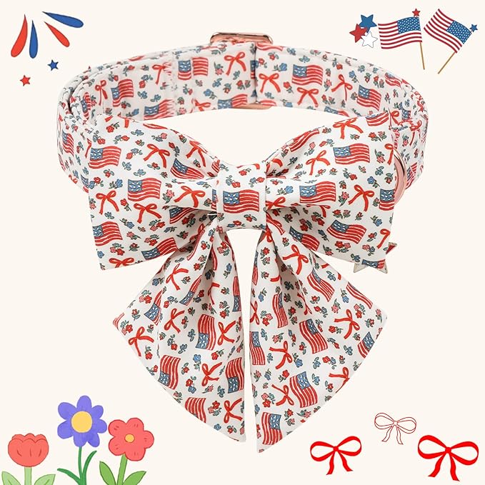 DOGWONG American Flag Dog Collar with Sailor Bow - Adjustable and Comfortable 4th of July Dog Collar Patriotic Necklace for Large Medium Small Pet,XL