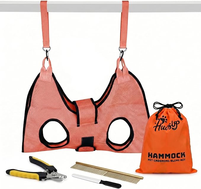 HamInWay PawsUp Pet Grooming Hammock Kit for Large Dogs, 4-in-1 Professional Grooming Sling for Nail Trimming, Includes Heavy Duty Clipper, Nail File, and Steel Comb – Orange