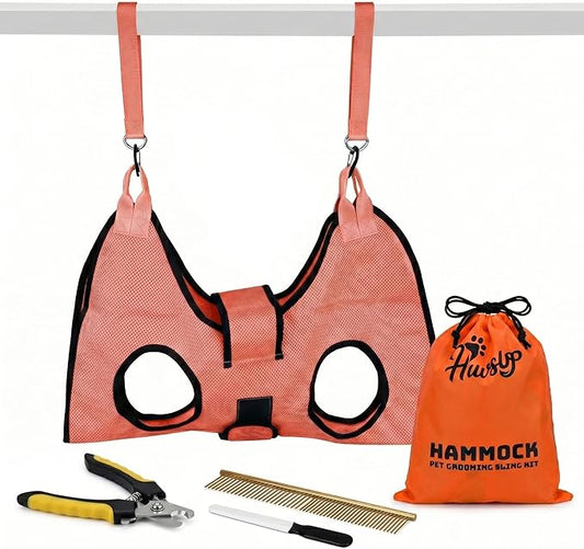 HamInWay PawsUp Pet Grooming Hammock Kit for Large Dogs, 4-in-1 Professional Grooming Sling for Nail Trimming, Includes Heavy Duty Clipper, Nail File, and Steel Comb – Orange