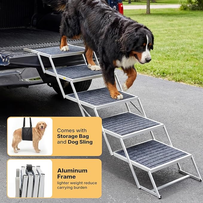 Veehoo Extra Wide Dog Steps for Car SUV Truck Foldable, 5 Steps Portable Aluminum Dog Stairs for Injured Senior Large Dogs 20" Wide, Heavy Duty Pet Ramp Ladder with Non Slip Surface, up to 170lbs