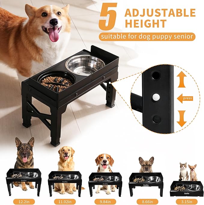 Elevated Dog Bowls for Small Medium Large Dogs 5 Adjustable Heights, 2-in-1 Raised Dog Feeder with 2 Stainless Steel Bowls & Slow Feeder, No Spill Pet Food Water Bowl Stand with Non-Slip Base
