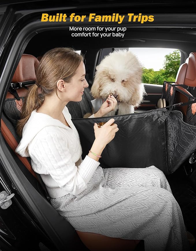 JOYTUTUS Back Seat Extender for Dogs, PU Leather Dog Car Seat Cover with Hard Bottom, Dog Hammock with Mesh Window, Dog Car Seat Cover for Full Size Truck&SUV, Holds 440 lbs