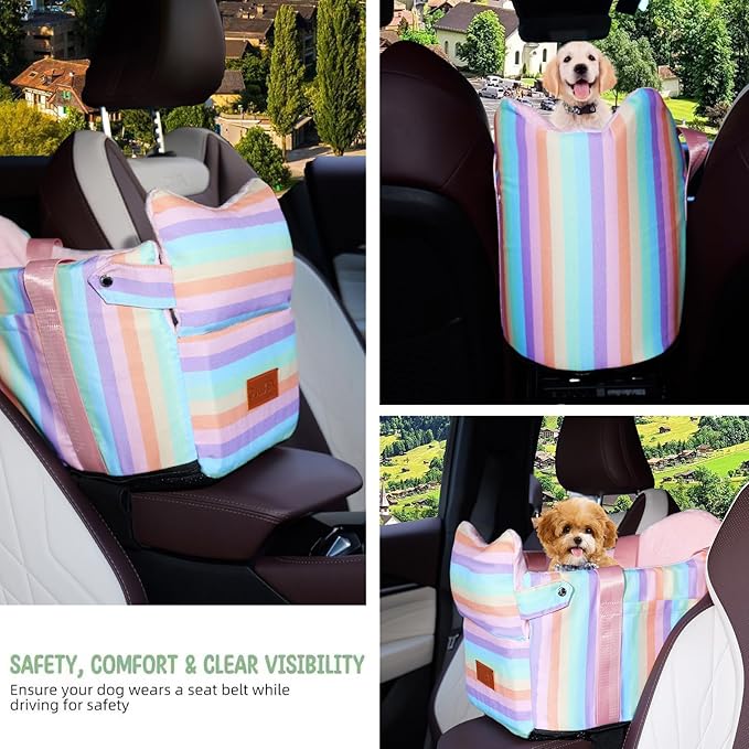 Console Dog Seat | Anti-Collapse Armrest Booster for Small Dogs & Puppies - Secure Travel Carrier with Safety Clip-in Tether & Washable Cozy Cushion Pad - Up to 15 lbs