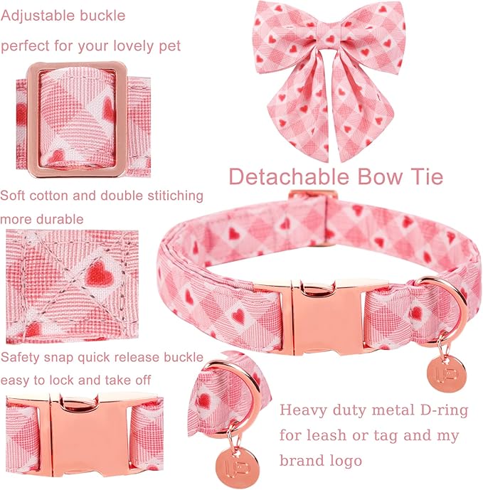 Valentine Dog Collar with Bow Tie, Pink Plaid, Cotton, Metal Buckle, Valentine's Day Gift, L, 16-24in
