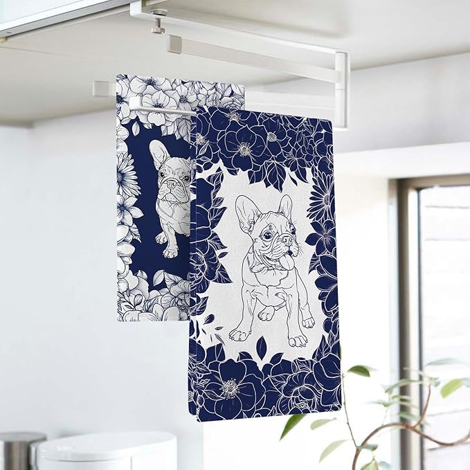 Chinoiserie French Bulldog Flower Kitchen Dish Towels Set of 2, Retro Blue White Grandmillennial Dog Floral Drying Hand Towel Baking Cooking Cloth, Vintage Pet Bathroom Home Decoration 18''x26''