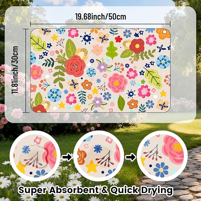 Flower Pet Mat for Dog and Cat 20" x 12" Floral Pattern Cat Feeding Mats Cute Rectangle Diatomaceous Earth Absorbent Quick Dry Dog Pet Feeding Placemat for Food and Water Bowls Supplies