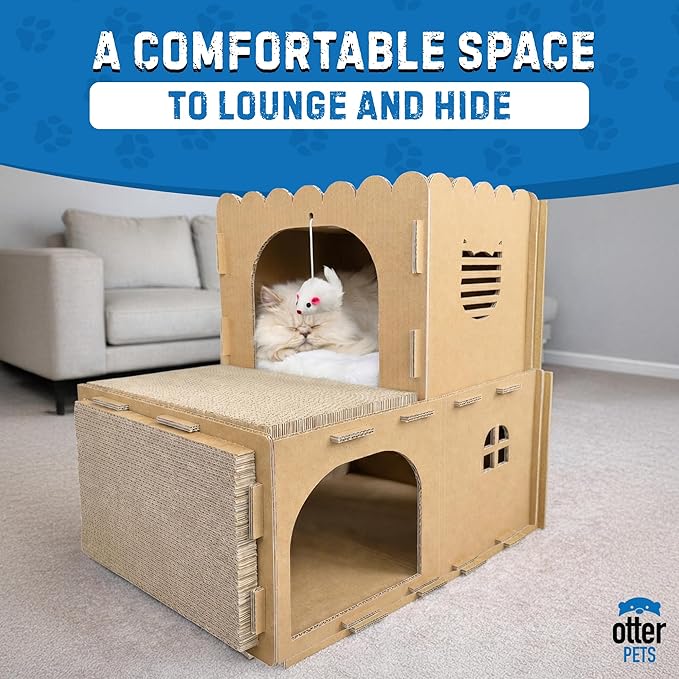 OtterPets Cardboard Cat House with 2-Level Play Design, Two Scratch Pads, Plush Mouse Toy & Soft Fleece Mat, Cat Scratcher House