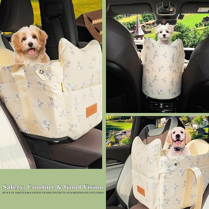Center Console Small Dog Car Seat Portable Puppy Booster Armrest Carseat, Anti-Collapse Comfort Car Travel with Washable Fluffy Cushion and Pillow (Yellow, Fits Dogs up to 15 lbs)