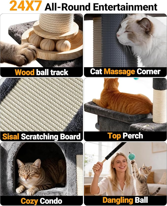【Scratch & Playhouse】 PetDance Small Cat Tree Tower with Scratching Posts【100% Natural Sisal】, Wood Track Ball Toy & Self-Grooming Brush for Bored Indoor Cats, Onyx Gray