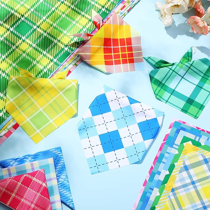 Geyoga 60 Pcs Summer Plaid Dog Bandanas Bulk Hawaiian Pet Scarf Bibs Adjustable Washable Kerchief Seasonal Pet Grooming Supplies for Small to Large Dogs Cats Costume Accessories