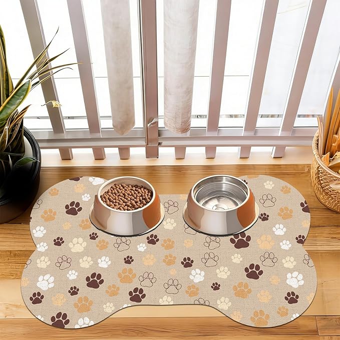 Pet Dog Cat Food Mat, Absorbent Bone Shaped Dog Bowl Mats for Food and Water, Non Slip Cute Dogs Cat Placemats Feeding Mat with Rubber for Floors Indoor Puppy Pet Accessories Supplies 16"x24" Khaki