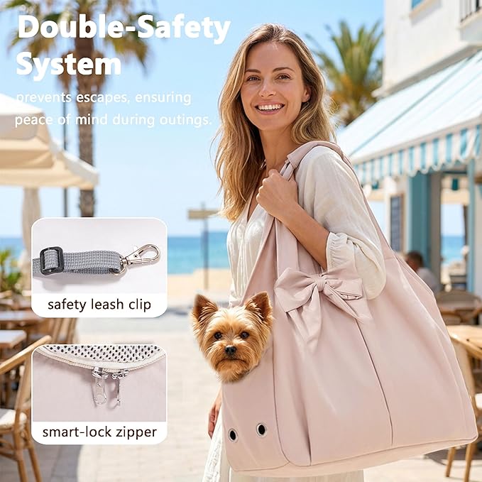 Dog Purse Carrier for Small Dogs, Soft Dog Tote Bag Carrier with 4 Large Pockets, No Collapse, Lightweight, Smart Zipper Lock, Comfortable Puppy Cats Rabbit Carrier for Travel, Outdoor(Pink)