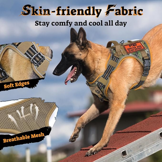 rabbitgoo Tactical Dog Harness for Large Dogs No Pull Adjustable Military Vest with Handle MOLLE Reflective Heavy Duty Dog Vest for Walking Training Hunting Outdoor Medium Size Dog Brown Camo XL