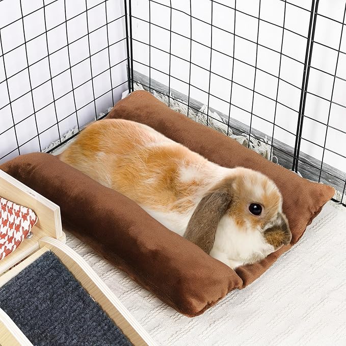 MEWTOGO 15.7" x 14" Bunny Bed for Rabbit Cage - Thickened Soft Prevent Sore Hocks Plush Mat with Cotton Lounger Pillows, Small Animal Flop Mat for Hutch Sleeping Indoor, Brown