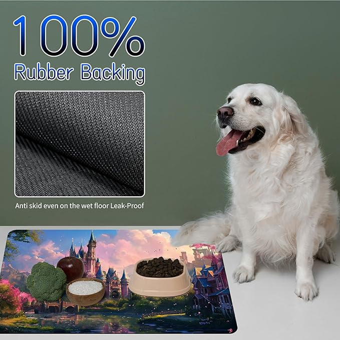 Dog Food Mat, 15.7" x 23.6" Absorbent Pet Feeding Mat for Food and Water, Waterproof Diatom Mud Pet Placemat with Non-Slip Rubber Backing, Easy Clean Cat Bowl Mat for Floors - Pink Castle