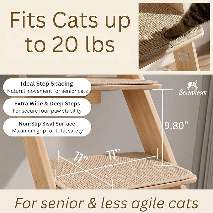 65" Tall 6-Level Cat Ladder for Window & wall | Fits Cats up to 20 lbs |Senior & Less Agile cat Stairs for Window with 55° Gentle Incline | Requires 43" Floor Clearance | No-Drill Glass Installation