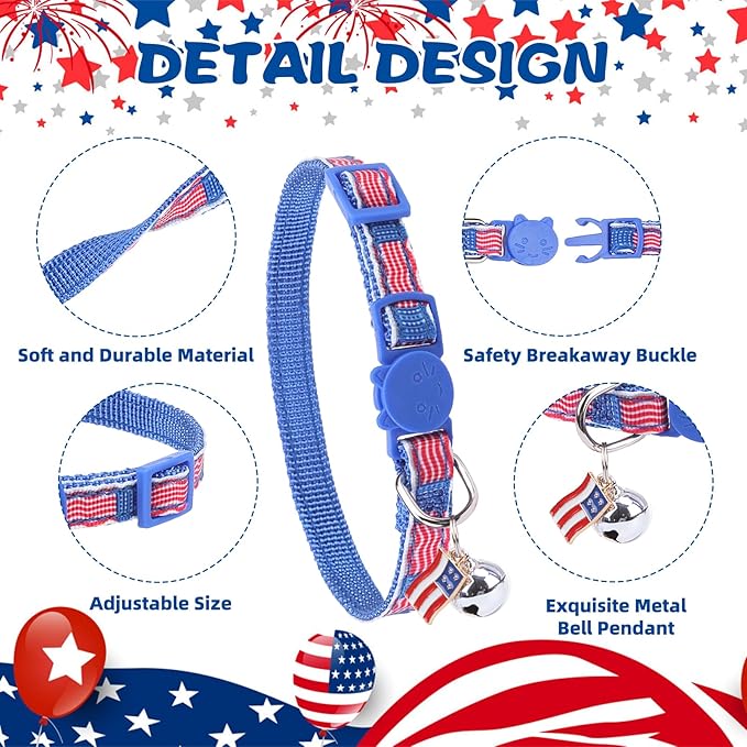 PUPTECK Cat Collar Breakaway with Bells, Kitten Collar Outfit Adjustable for Girl Boy Small Pet Puppy Bunny, Cute Costume Accessory with Safety Release Buckle (Blue-Independence)