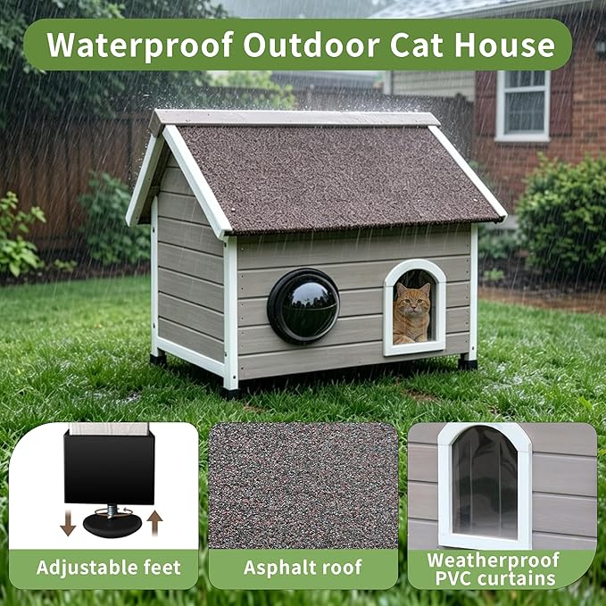 Rockever Outdoor Cat House, Waterproof Feral Cat House for Outdoor Cats with Escape Door and Clear Windows for 2 Cats (Grey)
