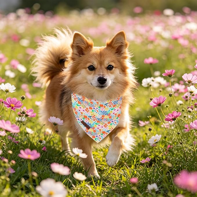 Lionet Paws Spring Summer Wildflowers Cosmos Corn Dog Bandana Washable Cotton Handkerchief Scarf Triangle White Flower Dog Bandanas for Small Medium Dogs Girl