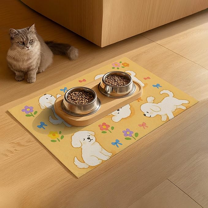 HOMETITUTE Bichon Frise Pet Food Mat Cute Spill-Proof Dog Water Bowl Mat Funning Mats for Cat Food and Water Bowls Cute Easy Clean Dog Bowl Mats Pet Placemat 20" x 12" Fast Dry Pets Feeding Pad