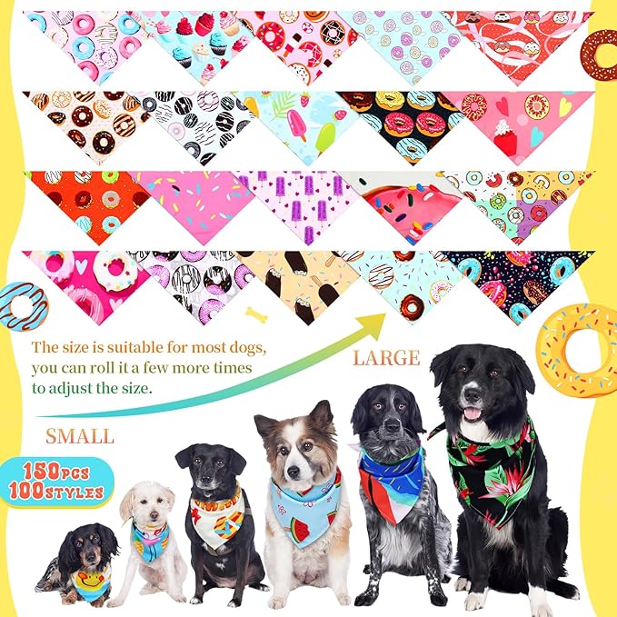Huhumy 150 Pcs Donut Dog Bandanas Bulk Pet Bibs Colorful Triangle Scarf Donut Pet Bandanas for Medium Large Dogs Spring Summer Candy Theme Birthday Costume Decor