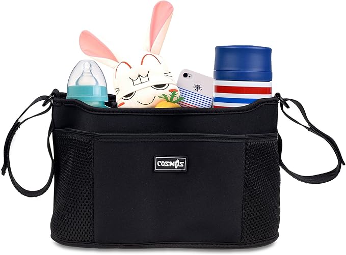 CM Stroller Organizer Diaper Bag Stroller Accessories Pack with Drink Holders and Zipped Pockets for Baby Stroller, Car, Shopping Cart. Fits All Major Strollers. (Black)