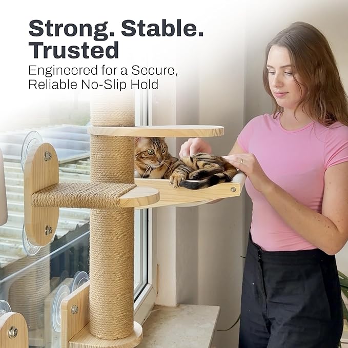 4-in-1 Window & Wall Mount Cat Wall Shelves – Hammock, Steps & Scratching Post with Landing | Space-Saving Pet Furniture for Glass & Drywall | Modern Cat Window Perch | Fits up to 40 lbs