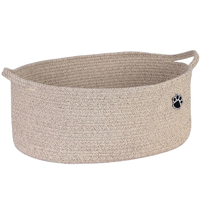 Optish Dog Toy Basket, Toy Storage Box and Bin with Handles, 19.7" X 11" X 7.9" (30L) Large Woven Rope Basket for Blankets, Living Room, Bedroom, Brown