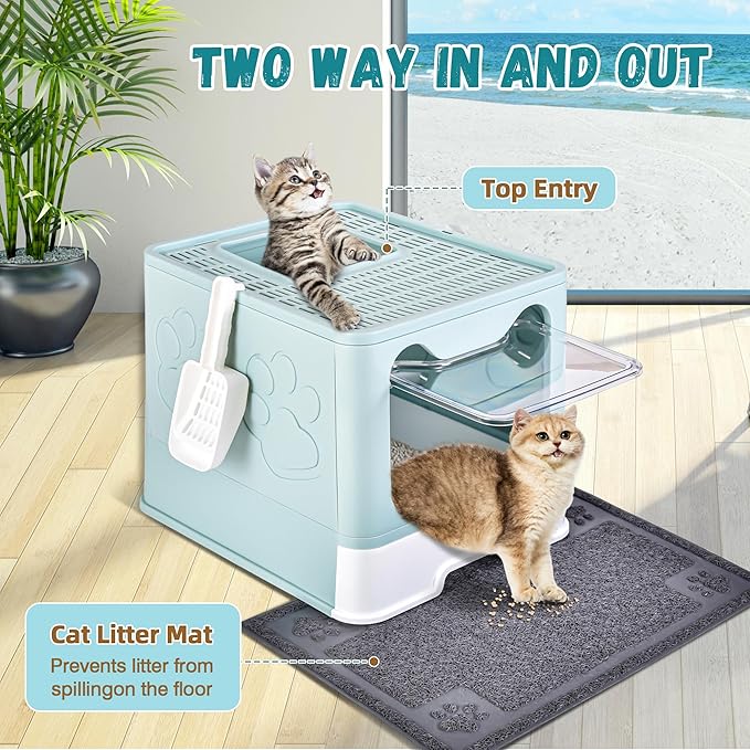 Covered Cat Litter Box with Litter Mat, Foldable Extra Large Dual Entry Adjustable Door, Drawer Design Enclosed Kitty Litter Box, Odor Control Anti-Splashing Easy Cleaning (Light Blue)